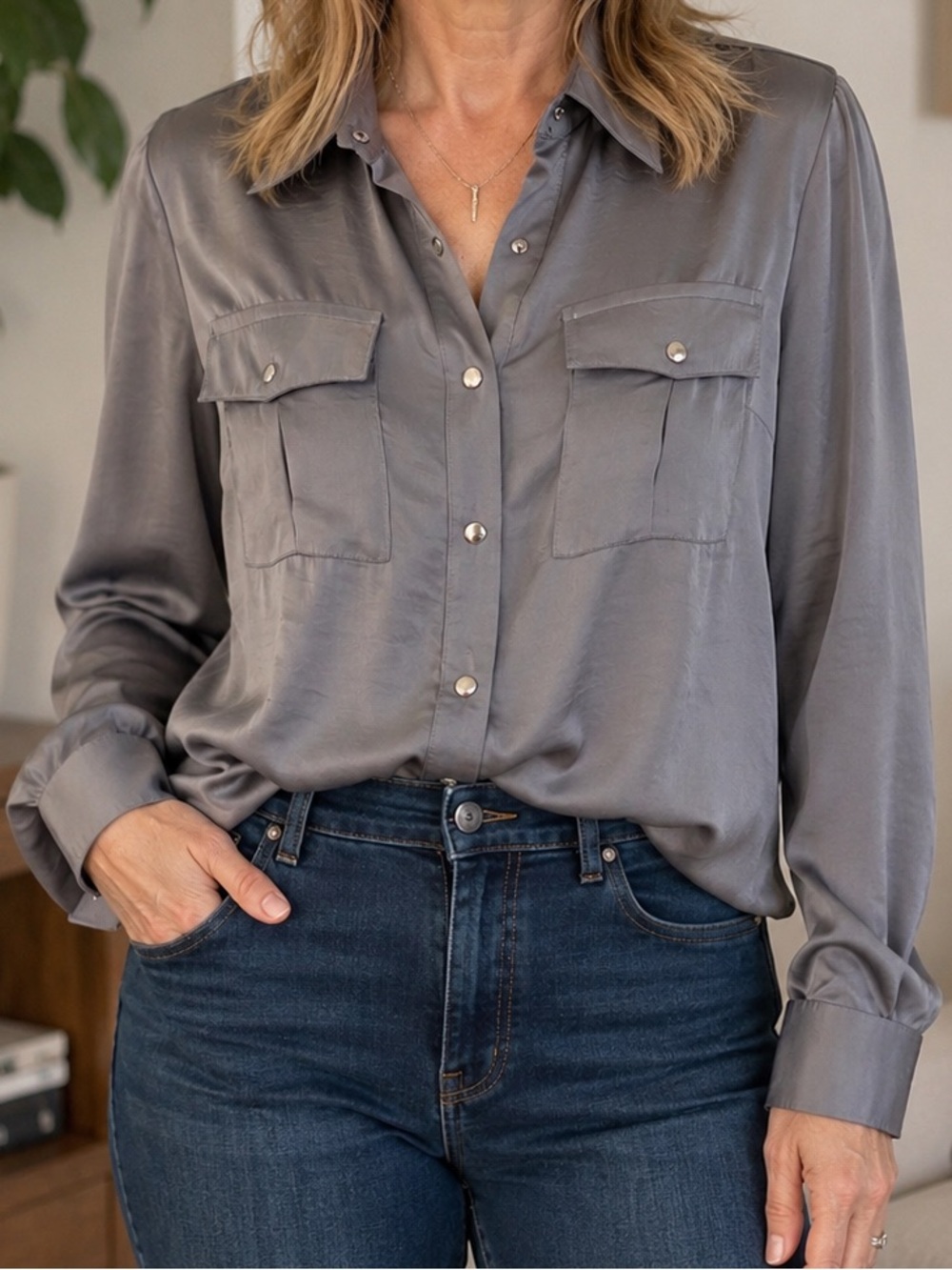Adiva Silky Blouse Silver Snap-Up Slate Gray Roll-Tab Long Sleeve Size Small